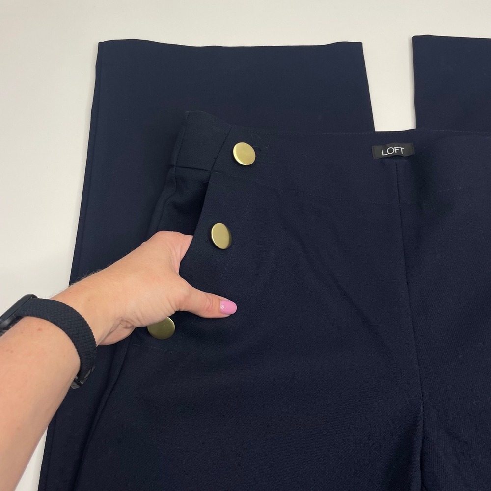 Loft NWT High Waist Trouser Pants Navy Blue Gold Button Sailor Wide Leg 6 - Picture 7 of 12
